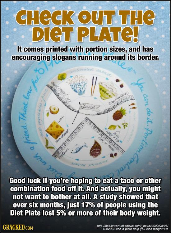 CHECK OUT. THE DIET PLATE! It comes printed with portion sizes, and has encouraging slogans running around its border. fot can low CE15Tb8m Sauts aoau