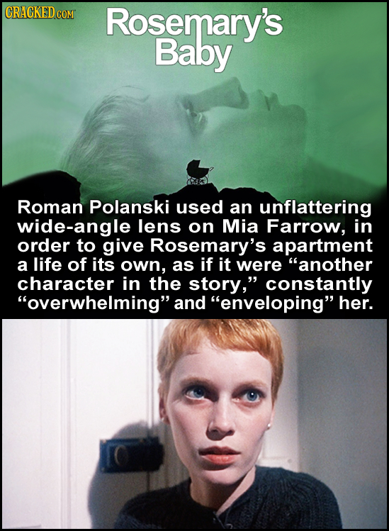 Rosemary's Baby Roman Polanski used an unflattering wide-angle lens on Mia Farrow, in order to give Rosemary's apartment a life of its own, as if it w