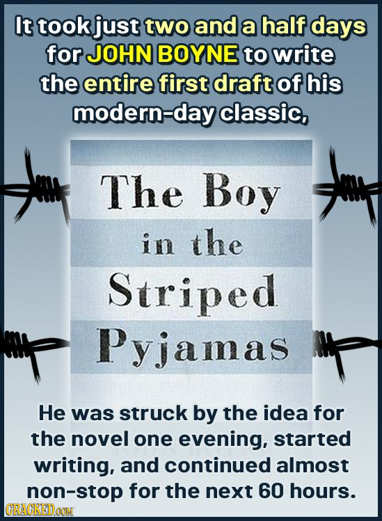 It took just two and a half days for JOHN BOYNE to write the entire first draft of his modern-day classic, The Boy in the Striped Pyjamas He was struc