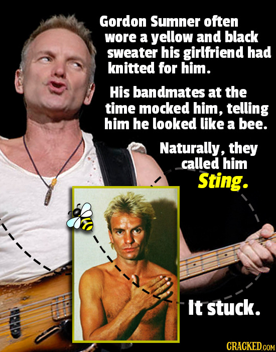 Gordon Sumner often wore a yellow and black sweater his girlfriend had knitted for him. His bandmates at the time mocked him, telling him he looked li