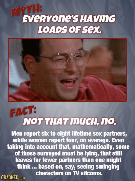 MYTH: EveRYonE'S HAVING LOADS OF sex. FACT: NOT THAT MUCh, no. Men report six to eight lifetime sex partners, while women report four, on average. Eve