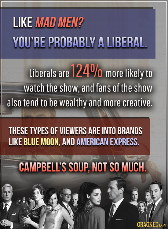 LIKE MAD MEN? YOU'RE PROBABLY A LIBERAL. 124% Liberals are more likely to watch the show, and fans of the show also tend to be wealthy and more creati