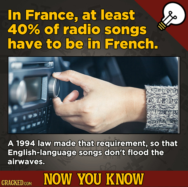 13 Fascinating Nuggets Of Movie And General Trivia - In France, at least 40% of radio songs have to be in French.