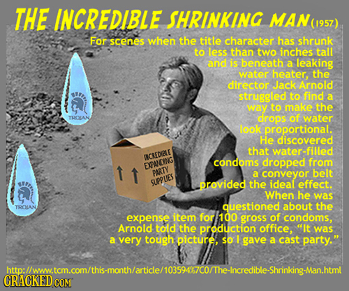 THE INCREDIBLE SHRINKING MAN (1957) For scenes when the title character has shrunk to less than two inches tall and is beneath a leaking water heater,