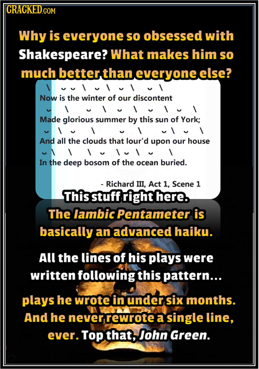 Why is everyone so obsessed with Shakespeare? What makes him so much better than everyone else? Now is the winter of our discontent Made glorious summ