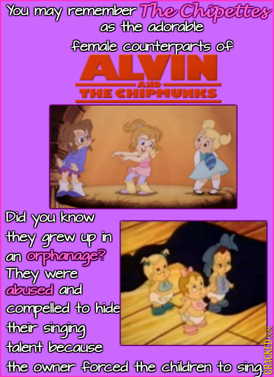 You may remember The Chipettes as the adorable female counterparts of ALVIN AND THECHIPMUNKS Did you know they grew p in an orphanage? They were abuse