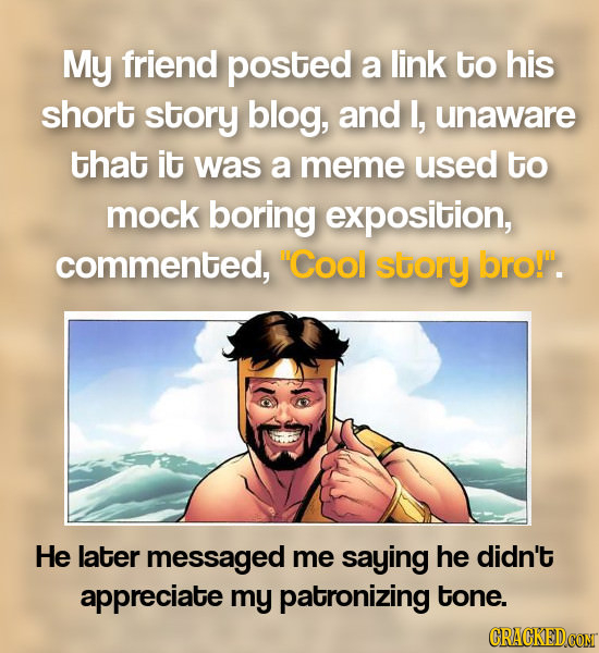 My friend posted a link to his short story blog, and L, unaware that it was a meme used to mock boring exposition, commented, Cool story bro!. He la