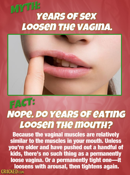 MYTH: Years OF sex LoOSen THE VAGINA. hw FACT: NOPE. DO Years OF eating LoOSEN THE MOUTH? Because the vaginal muscles are relatively similar to the mu