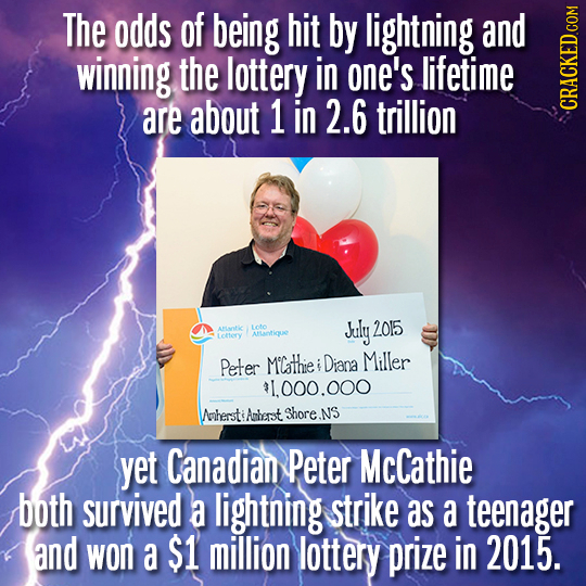 The odds of being hit by lightning and winning the lottery in one's lifetime are about 1 in 2.6 trillion CRAGh 2015 Atic 1oto July Amotique Lotery Pet