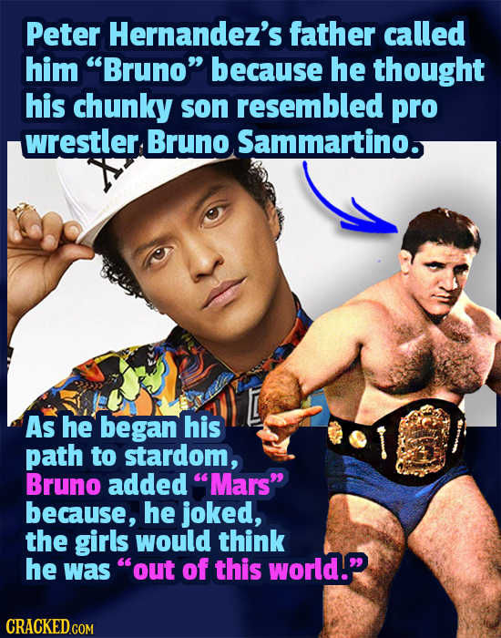 Peter Hernandez's father called him Bruno because he thought his chunky son resembled pro wrestler. Bruno Sammartino. AS he began his path to stardo