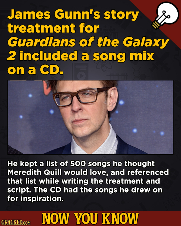 13 Fascinating Nuggets Of Movie And General Trivia - James Gunn's story treatment for Guardians of the Galaxy 2 included a song mix on a CD.