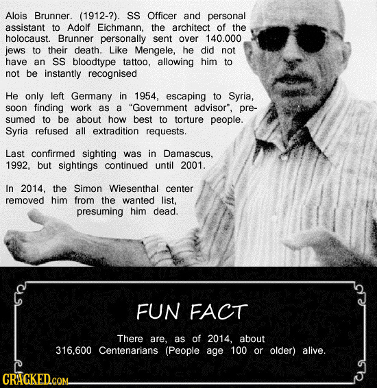 Alois Brunner. (1912-?). SS Officer and personal assistant to Adolf Eichmann, the architect of the holocaust. Brunner personally sent over 140.000 jew