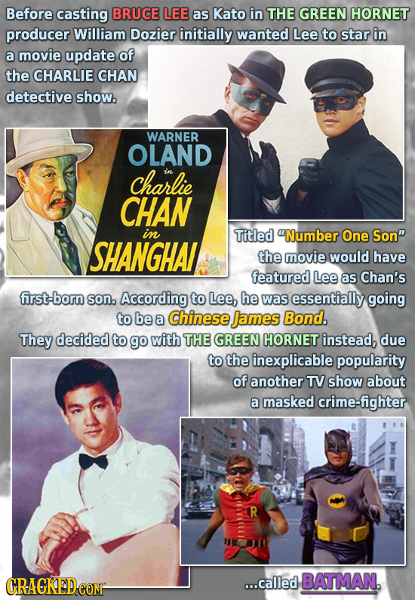 Before casting BRUCE LEE as Kato in THE GREEN HORNET producer William Dozier initially wanted Lee to star in a movie update of the CHARLIE CHAN detect