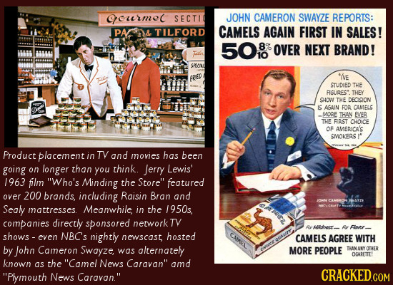 9ourmec SECTI JOHN CAMERON SWAYZE REPORTS: PA 1& TILFORD CAMELS AGAIN FIRST IN SALES! 50 8% OVER NEXT BRAND! 10 SPEOND FRED 'VE STUDIED THE FIGURES* T