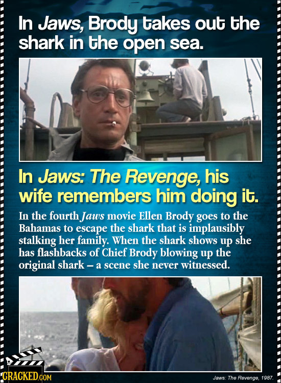 In Jaws, Brody takes out the shark in the open sea. In Jaws: The Revenge, his wife remembers him doing it. In the fourth Jaws movie Ellen Brody goes t