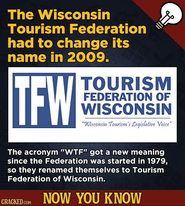 13 Fascinating Nuggets Of Movie And General Trivia - The Wisconsin Tourism Federation had to change its name in 2009.