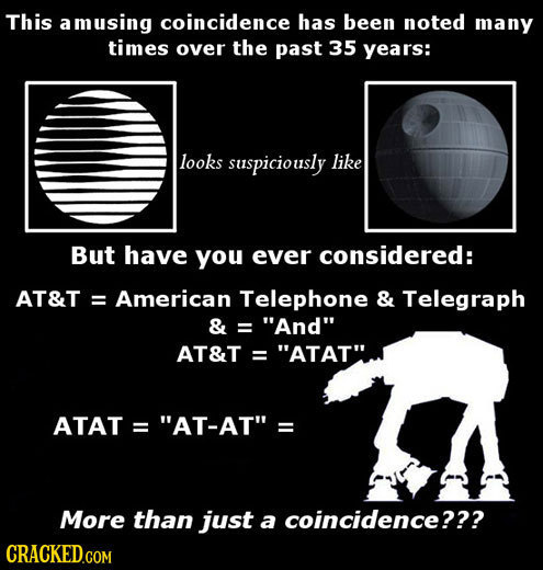 This a amusing coincidence has been noted many times over the past 35 years: looks suspiciously like But have you ever considered: AT&T: = American Te