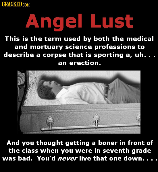 CRACKEDCON COM Angel Lust This is the term used by both the medical and mortuary science professions to describe a corpse that is sporting a, uh... an