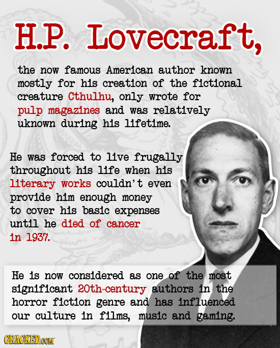 H.P. Lovecraft, the now famous American author known mostly for his creation of the fictional creature cthulhu, only wrote for pulp magazines and was