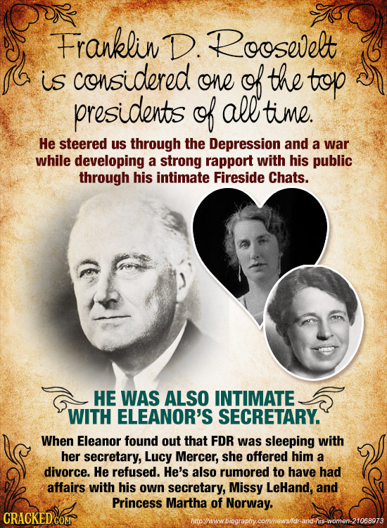 Franklin D. Roosevelt it is considered the one f top presidents f all time. He steered us through the Depression and a war while developing a strong r