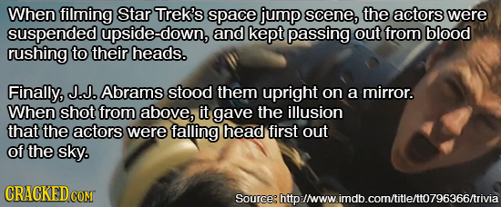 When filming Star Trek's space jump scene, the actors were suspended upside-down, and kept passing out from blood rushing to their heads. Finally, J.J