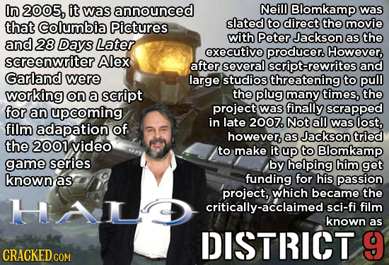 In 2005, it was announced Neill Blomkamp was that Columbia Pictures slated to direct the movie with Peter Jackson the and 28 Days Later as executive p