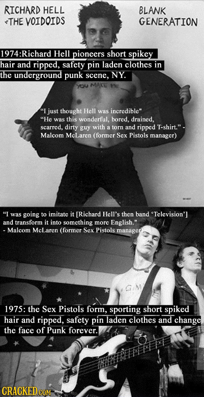 RICHARD HELL BLANK THE VOIDOIDS GENERATION 1974:Richard Hell pioneers short spikey hair and ripped, safety pin laden clothes in the underground punk s