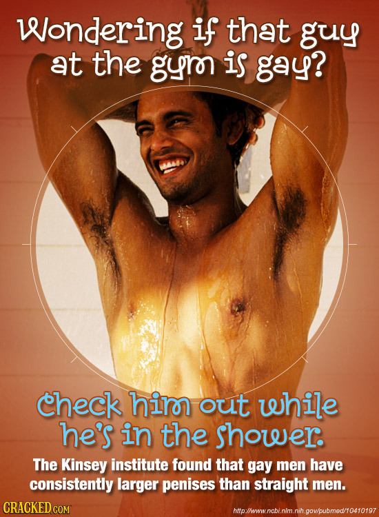 Wondering if that guy at the gyro is gay? check hirn out while he's in the shower. The Kinsey institute found that gay men have consistently larger pe
