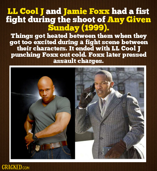 LL Cool J and Jamie Foxx had fist a fight during the shoot of Any Given Sunday (1999). Things got heated between them when they got too excited during