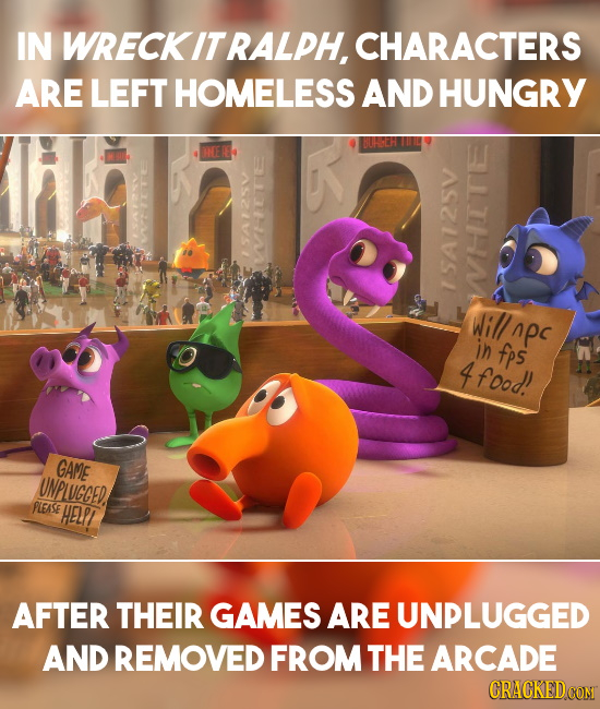 IN WRECKIT RALPH, CHARACTERS ARE LEFT HOMELESS AND HUNGRY a8 wA 15A 0 Will apc in fps 4 food! GAME UNPLUGCED, LEASE HELP AFTER THEIR GAMES ARE UNPLUGG