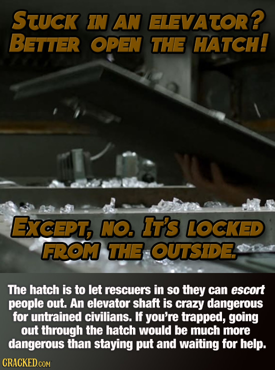 STUCK IN AN ELEVATOR? BettER OPEN THE HATCH! EXcEPT, NO. IT'S LOCKED FROM THE OUTSIDE The hatch is to let rescuers in so they can escort people out. A
