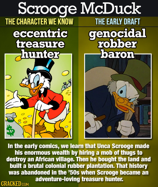 Scrooge McDuck THE CHARACTER WE KNOW THE EARLY DRAFT eccentric genocidal treasure robber hunter baron- 00 In the early comics, we learn that Unca Scro