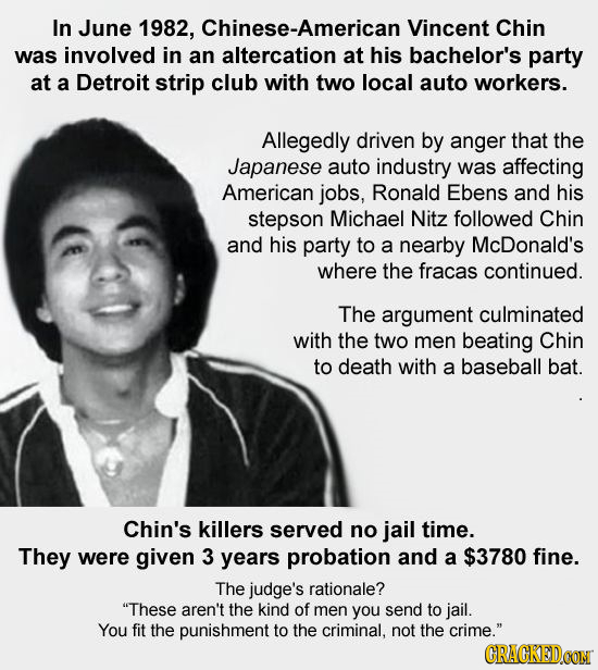 In June 1982, Chinese-American Vincent Chin was involved in an altercation at his bachelor's party at a Detroit strip club with two local auto workers