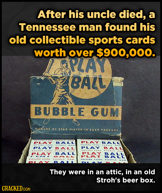 After his uncle died, a Tennessee man found his old collectible sports cards worth over $900,000. PLAY BAZL BUBBLE GUM RICURE OF STAR PLAYER IN EACH P