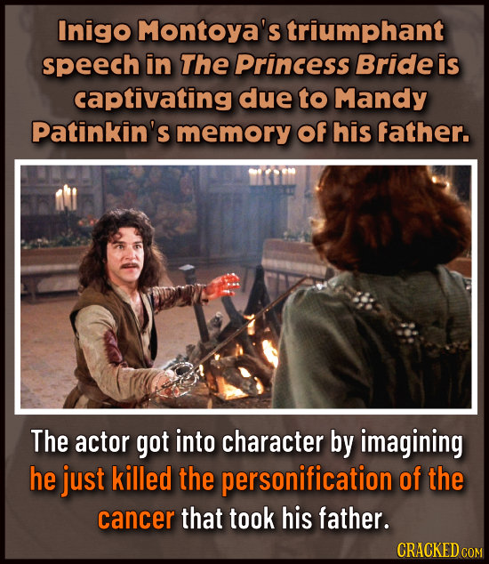 Inigo Montoya's triumphant speech in The Princess Bride is captivating due to Mandy Patinkin's memory Of his father. The actor got into character by i