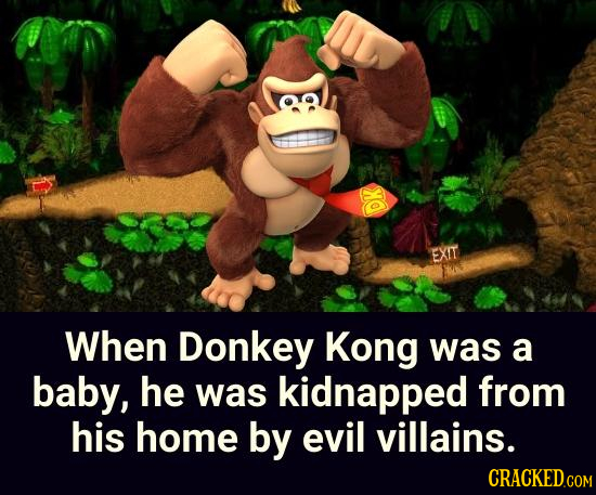 DK When Donkey Kong was a baby, he was kidnapped from his home by evil villains.