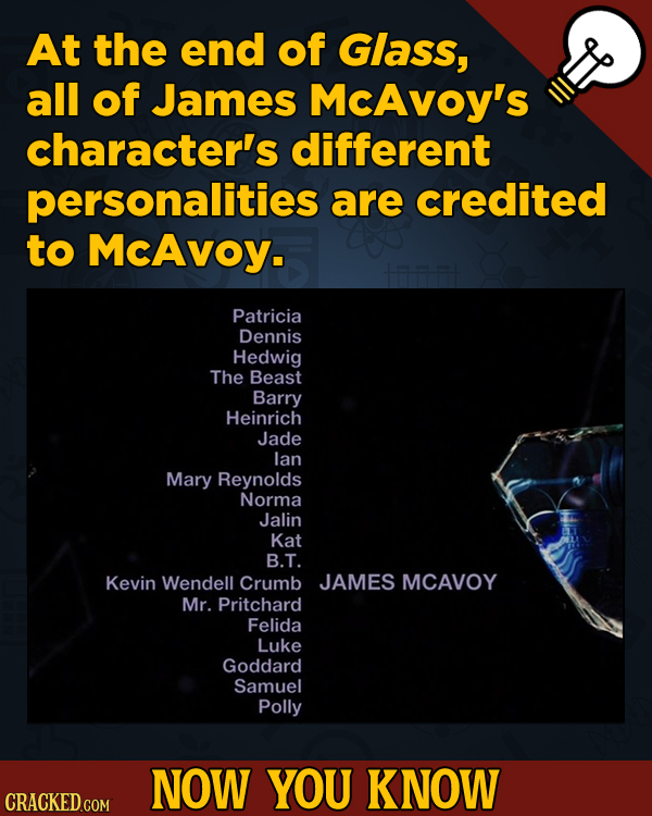 A Fresh Serving Of Movie-related And Miscellaneous Facts - At the end of Glass, all of James McAvoy's character's different personalities