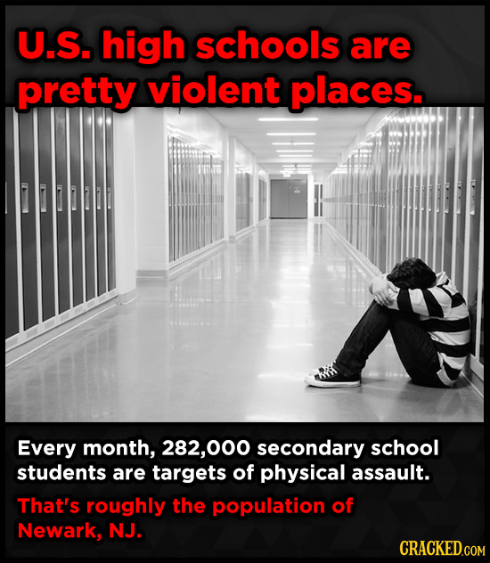 U.S. high schools are pretty violent places. 0 Every month, 282,00 secondary school students are targets of physical assault. That's roughly the popul