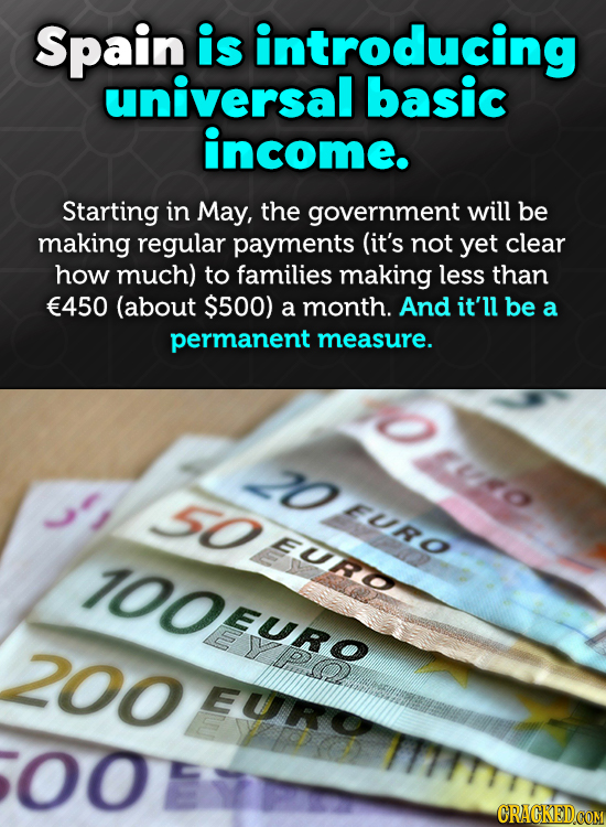Spain is introducing universal basic income. Starting in May, the government will be making regular payments (it's not yet clear how much) to families