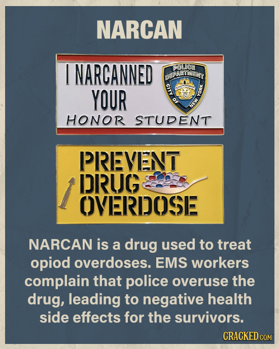 NARCAN 1 NARCANNED BOLICE DBPARTAEDY o YOUR OF YORK NEW HONOR STUDENT PREVENT DRUG OVERDOSE NARCAN is a drug used to treat opiod overdoses. EMS worker