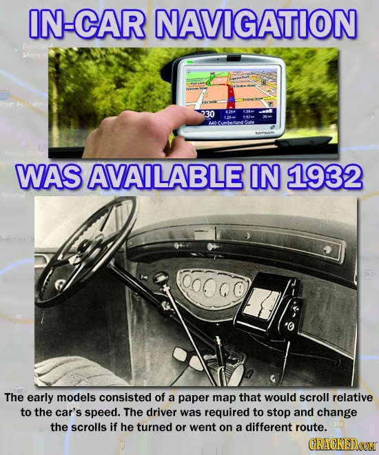 IN-CAR NAVIGATION Lian 30 8154 154 Gate WAS AVAILABLE IN 1932 The early models consisted of a paper map that would scroll relative to the car's speed.