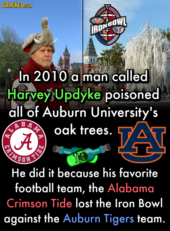 CRACKEDcO COM AAD BBu IROMSOWI : In 2010 called a man Harvey Updyke poisoned all of Auburn University's NNEEN oak trees. A TAT A A TIMED SON TIDE He d