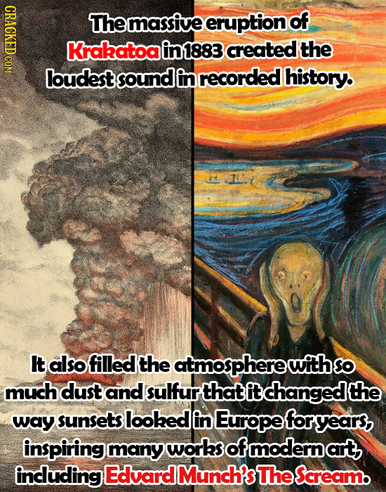 CRACKED COM Themassive eruption of Krakatoa in1883 created the loudestsoundg in recorded history. It also filled the atmospherewiths much dust and sul