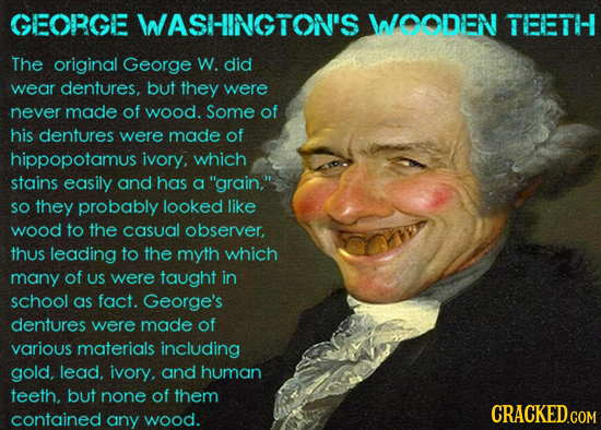GEORGE WASHINGTON'S WOODEN TEETH The original George W. did wear dentures, but they were never made of wood. Some of his dentures were made of hippopo