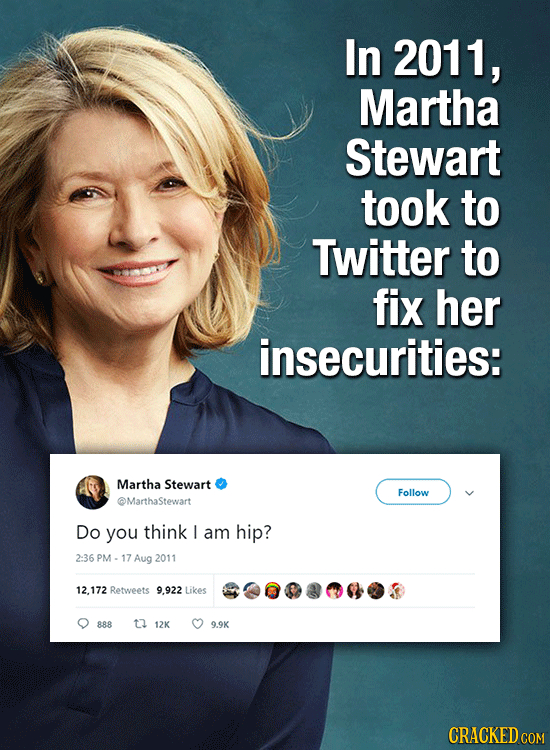 In 2011, Martha Stewart took to Twitter to fix her insecurities: Martha Stewart Follow @Marthastewart Do you think I am hip? 2:36 PM 17 Aug 2011 12.17