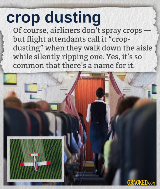 crop dusting Of course, airliners don't spray crops - but flight attendants call it crop- dusting when they walk down the aisle while silently rippi