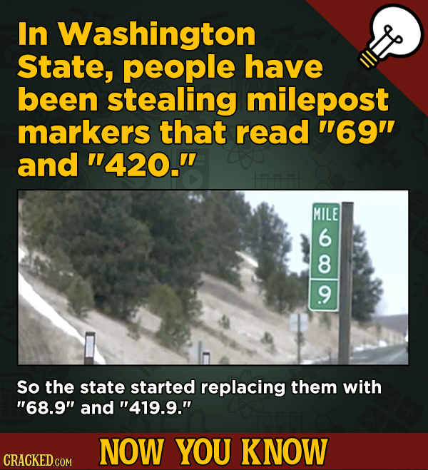A Fresh Serving Of Movie-related And Miscellaneous Facts - In Washington State, people have been stealing milepost markers that read 69 and 420.
