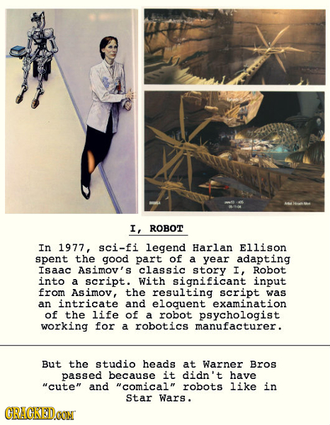 I, ROBOT In 1977, sci-fi legend Harlan Ellison spent the good part of a year adapting Isaac Asimov' s classic story I, Robot into a script. With signi