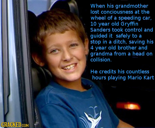 When his grandmother lost conciousness at the wheel of a speeding car, 10 year old Gryffin Sanders took control and guided it safely to a stop in a di