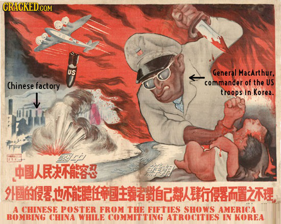 CRACKED US General MacArthur. Chinese factory commander of the US troops In Korea. iri FE 9N.TE ITEZT A CHINESE POSTER FROM THE FIFTIES SHOWS AMERICA
